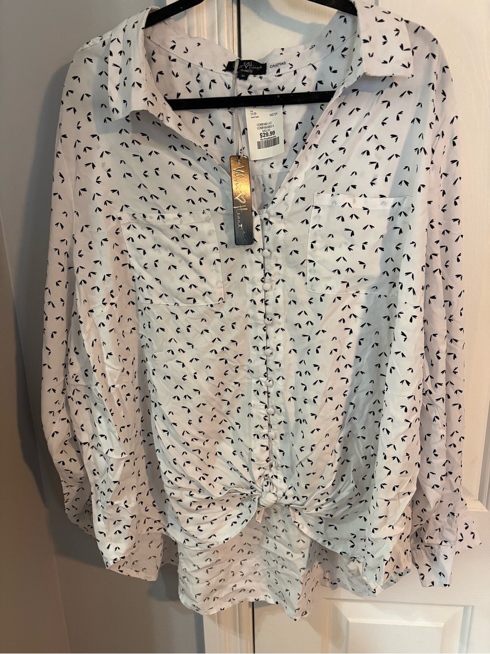 Velvet Heart white and black Printed Tie-Front Button Down Shirt
